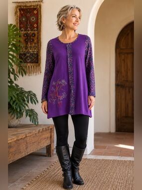 Windhorse S/M Purple Embroidered Boho Lagenlook Asymmetrical Tunic Nepal Artsy